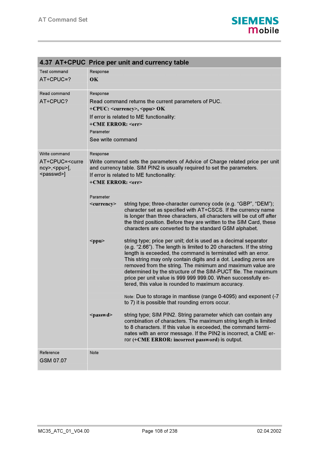 Siemens MC35 manual 37 AT+CPUC Price per unit and currency table, +CPUC currency, ppu OK, Ppu, Passwd 