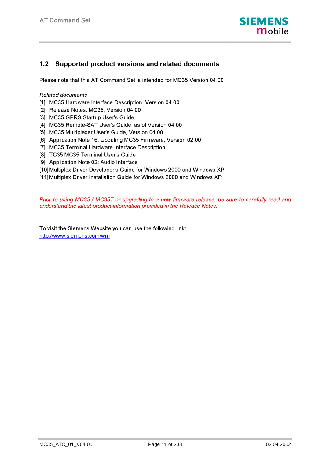 Siemens MC35 manual Supported product versions and related documents, Related documents 