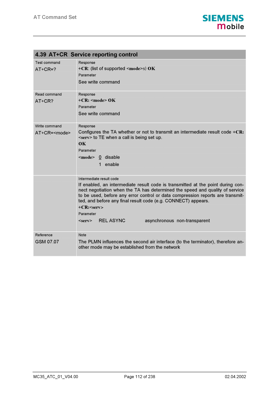 Siemens MC35 manual 39 AT+CR Service reporting control, At+Cr=?, At+Cr?, +CR mode OK 