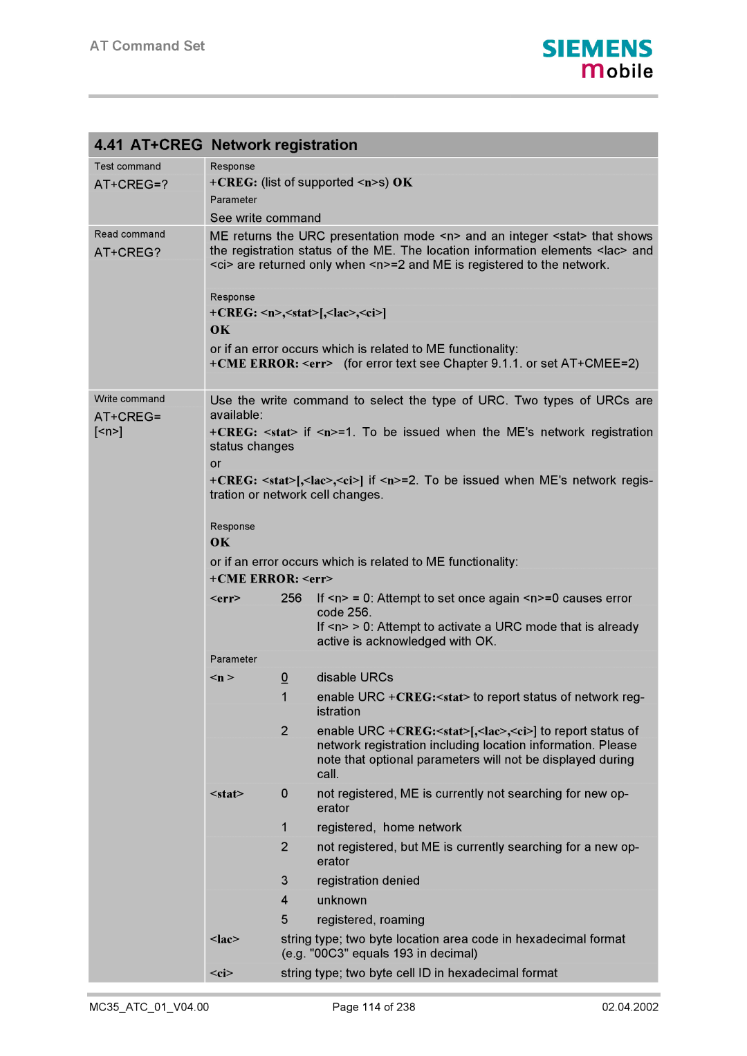 Siemens MC35 manual 41 AT+CREG Network registration, +CREG n,stat,lac,ci, Lac 