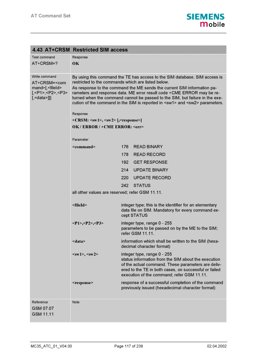 Siemens MC35 manual 43 AT+CRSM Restricted SIM access 