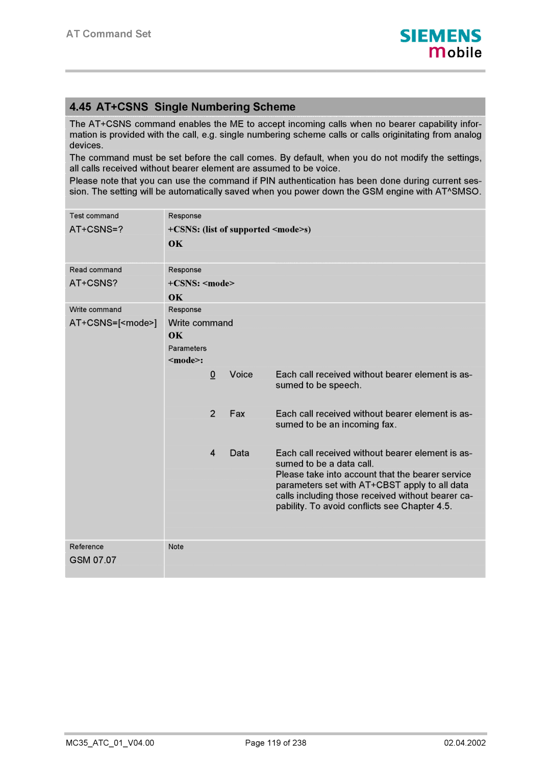 Siemens MC35 manual 45 AT+CSNS Single Numbering Scheme, At+Csns=?, +CSNS list of supported modes, At+Csns?, +CSNS mode 