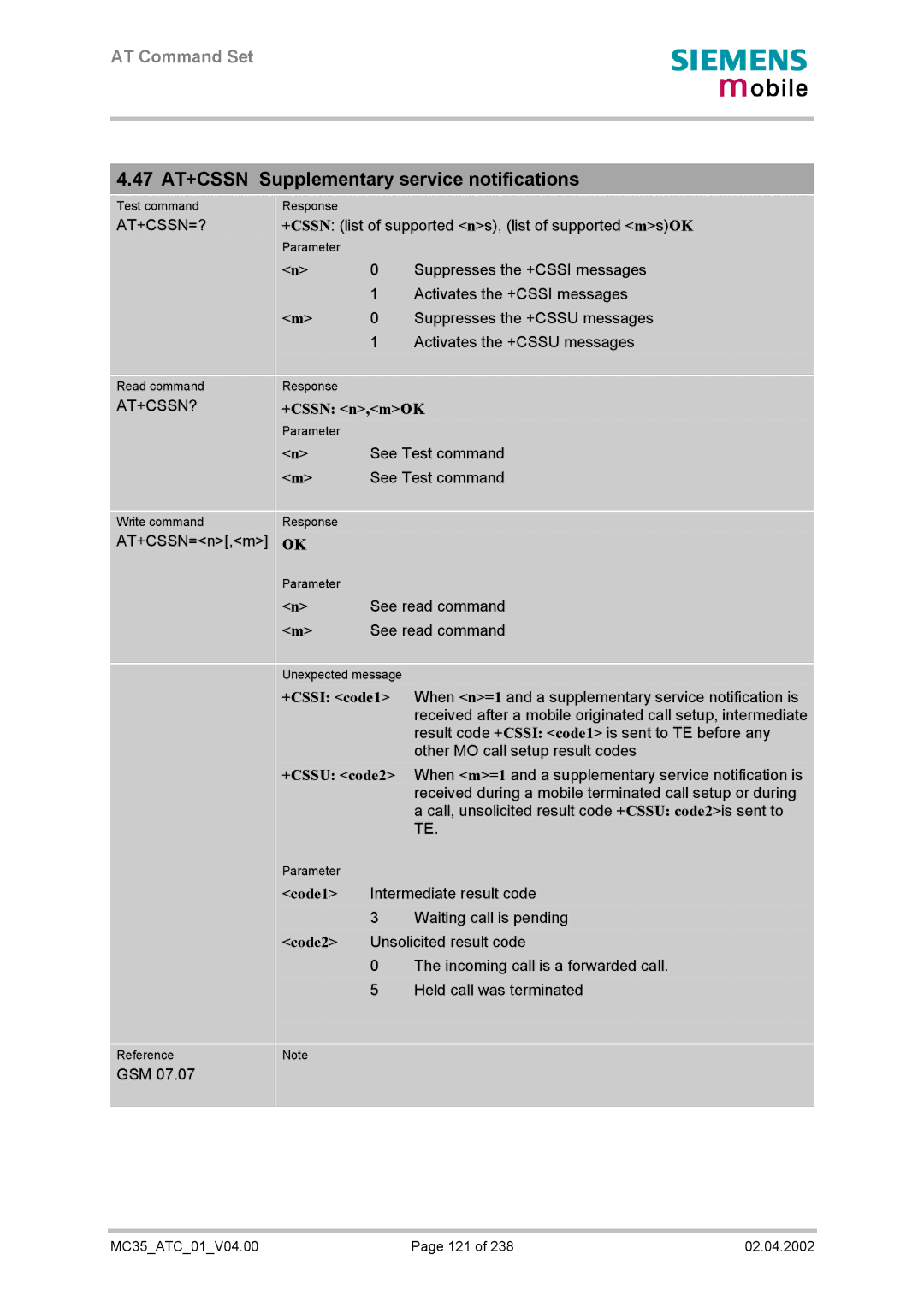 Siemens MC35 manual 47 AT+CSSN Supplementary service notifications, At+Cssn=?, At+Cssn?, +CSSN n,mOK 