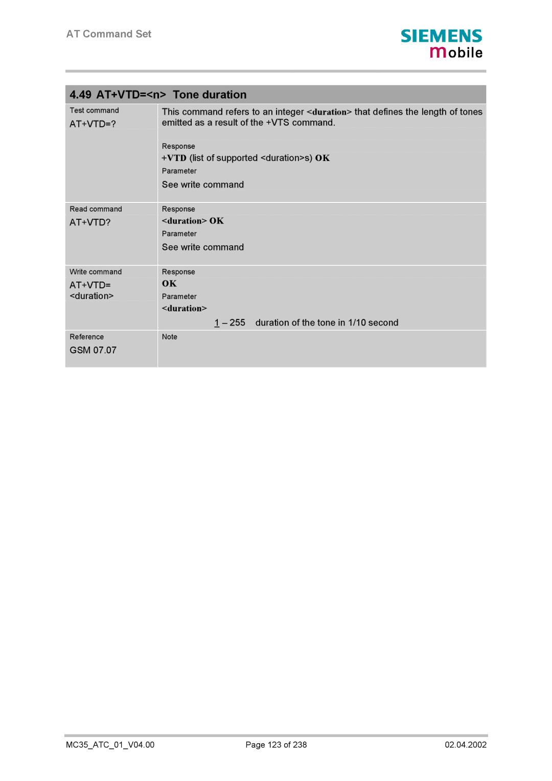 Siemens MC35 manual 49 AT+VTD=n Tone duration, Duration OK 