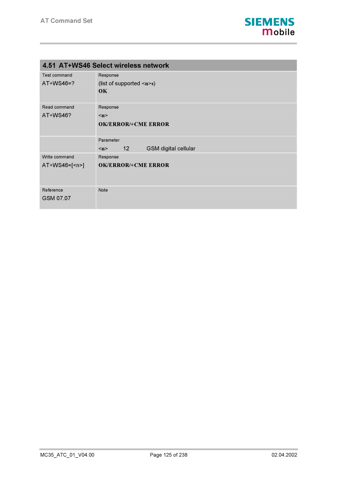 Siemens MC35 manual 51 AT+WS46 Select wireless network 