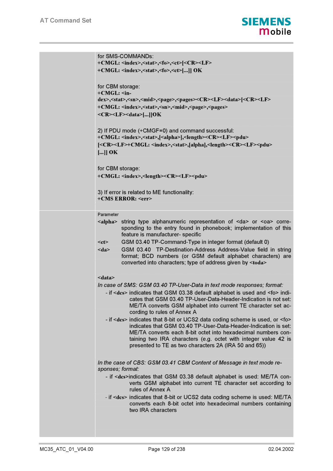 Siemens MC35 manual +CMGL index,stat,fo,ctCRLF +CMGL index,stat,fo,ct... OK, +CMGL index,lengthCRLFpdu 