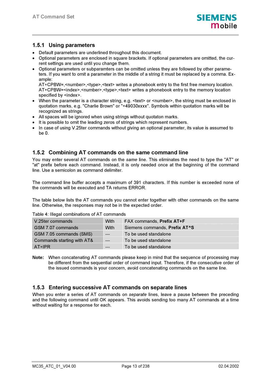 Siemens MC35 manual Using parameters, Combining AT commands on the same command line, At+Ipr 