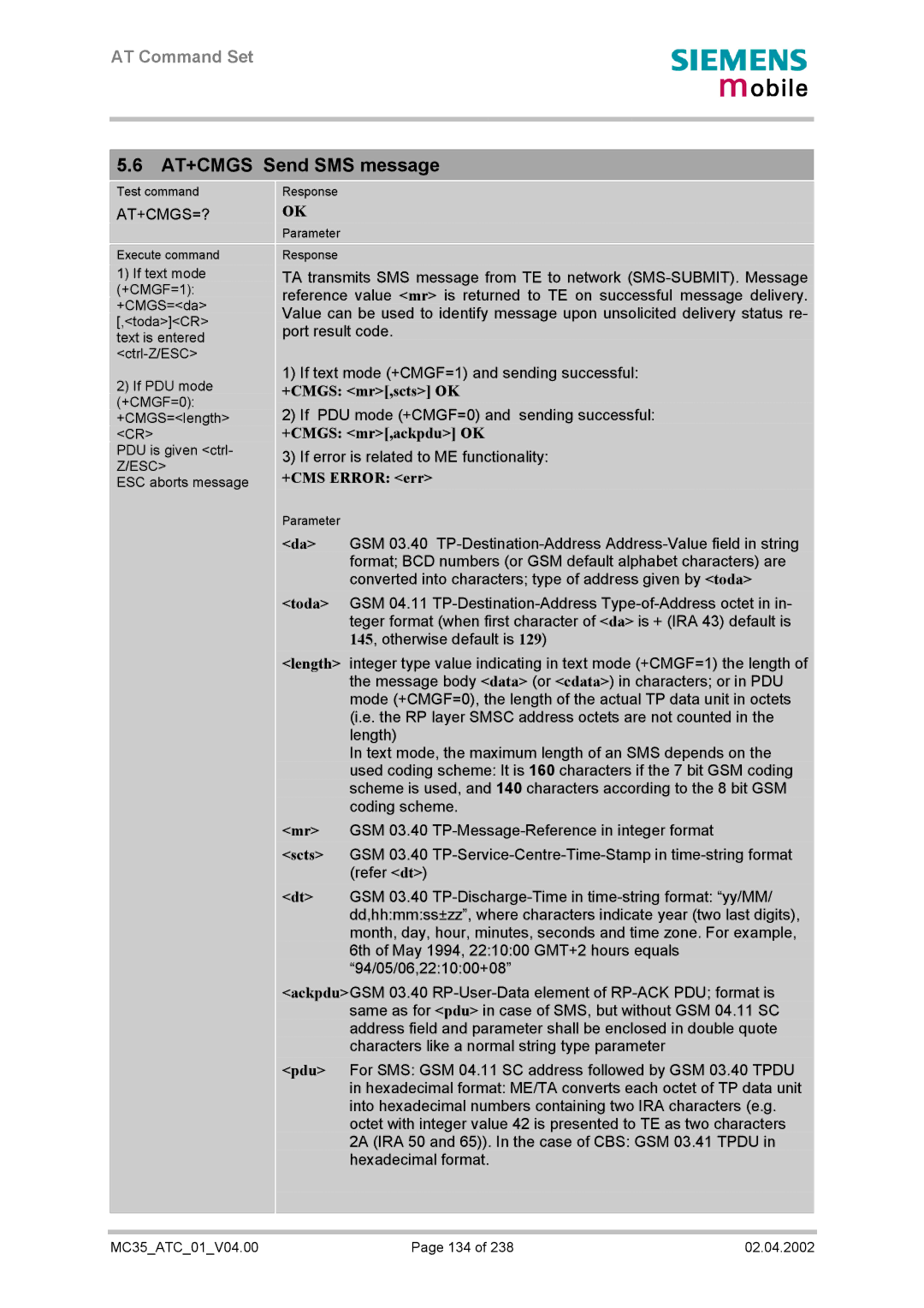 Siemens MC35 manual AT+CMGS Send SMS message, At+Cmgs=?, +CMGS mr,scts OK, +CMGS mr,ackpdu OK 