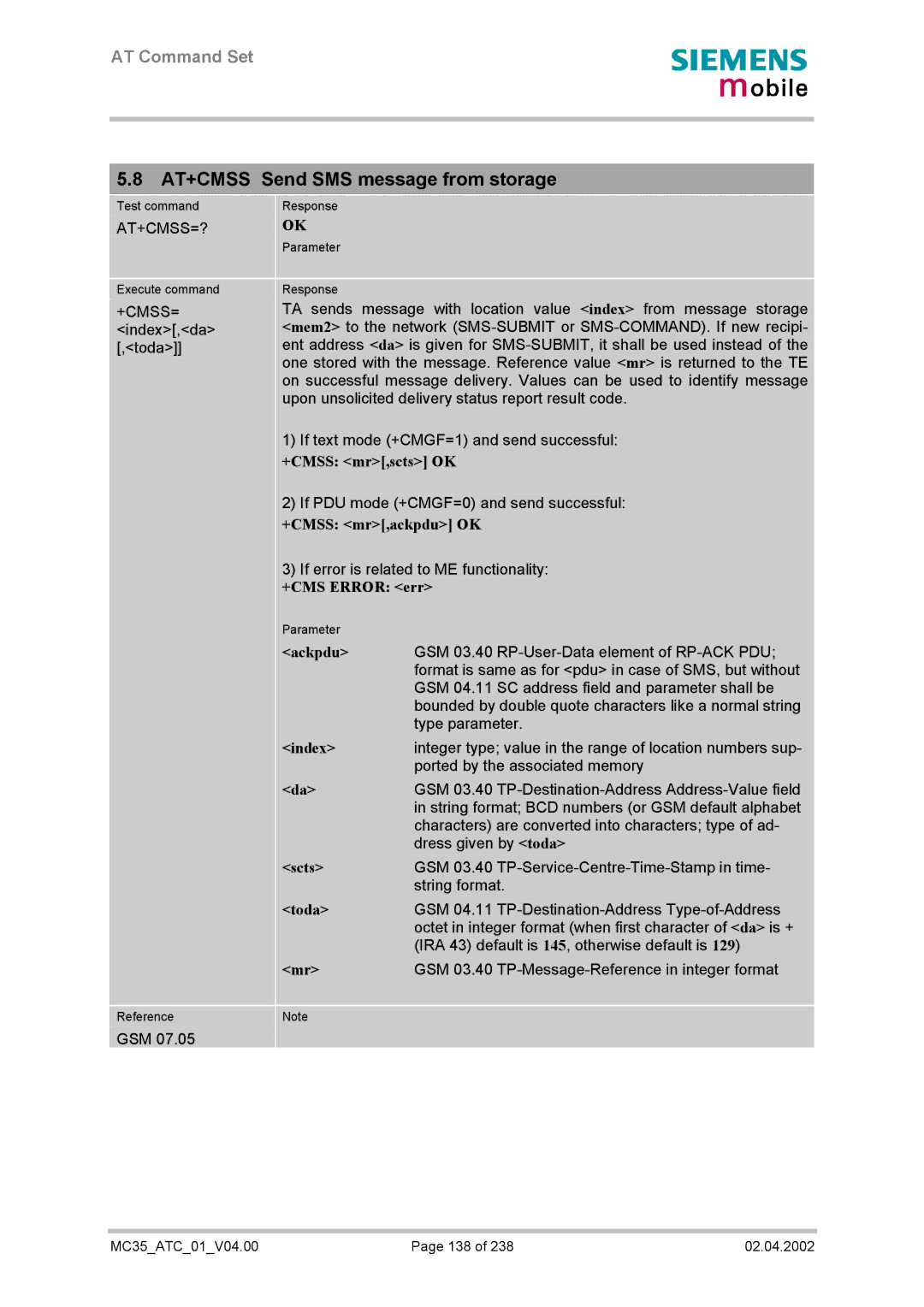 Siemens MC35 manual AT+CMSS Send SMS message from storage 