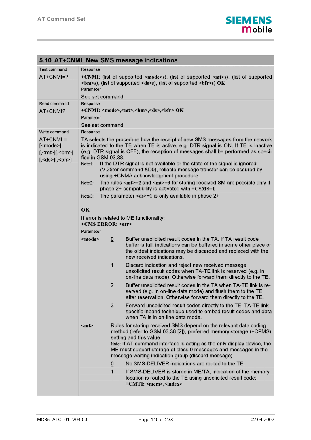 Siemens MC35 10 AT+CNMI New SMS message indications, At+Cnmi=?, At+Cnmi?, +CNMI mode,mt,bm,ds,bfr OK, +CMTI mem,index 