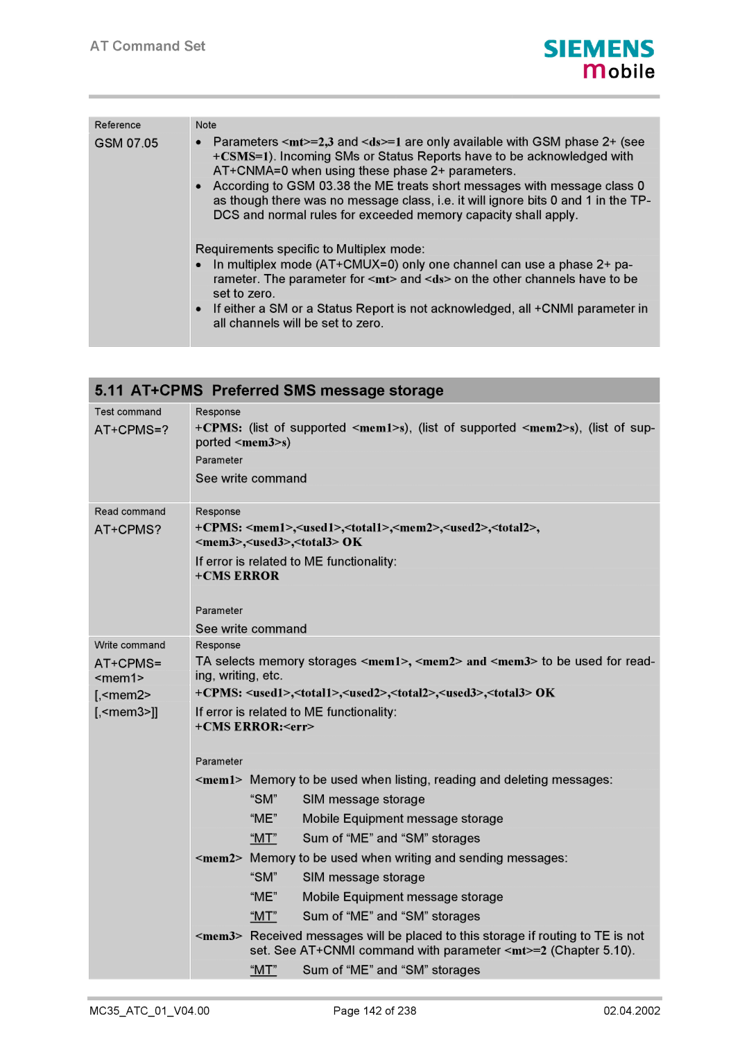 Siemens MC35 11 AT+CPMS Preferred SMS message storage, +CPMS used1,total1,used2,total2,used3,total3 OK, +CMS ERRORerr 