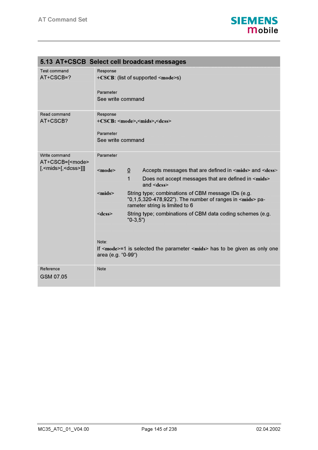 Siemens MC35 manual 13 AT+CSCB Select cell broadcast messages, +CSCB mode,mids,dcss, Dcss, Mids 