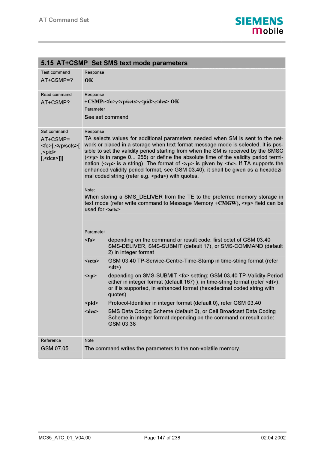 Siemens MC35 manual 15 AT+CSMP Set SMS text mode parameters, At+Csmp=?, At+Csmp?, +CSMPfo,vp/scts,pid,dcs OK 