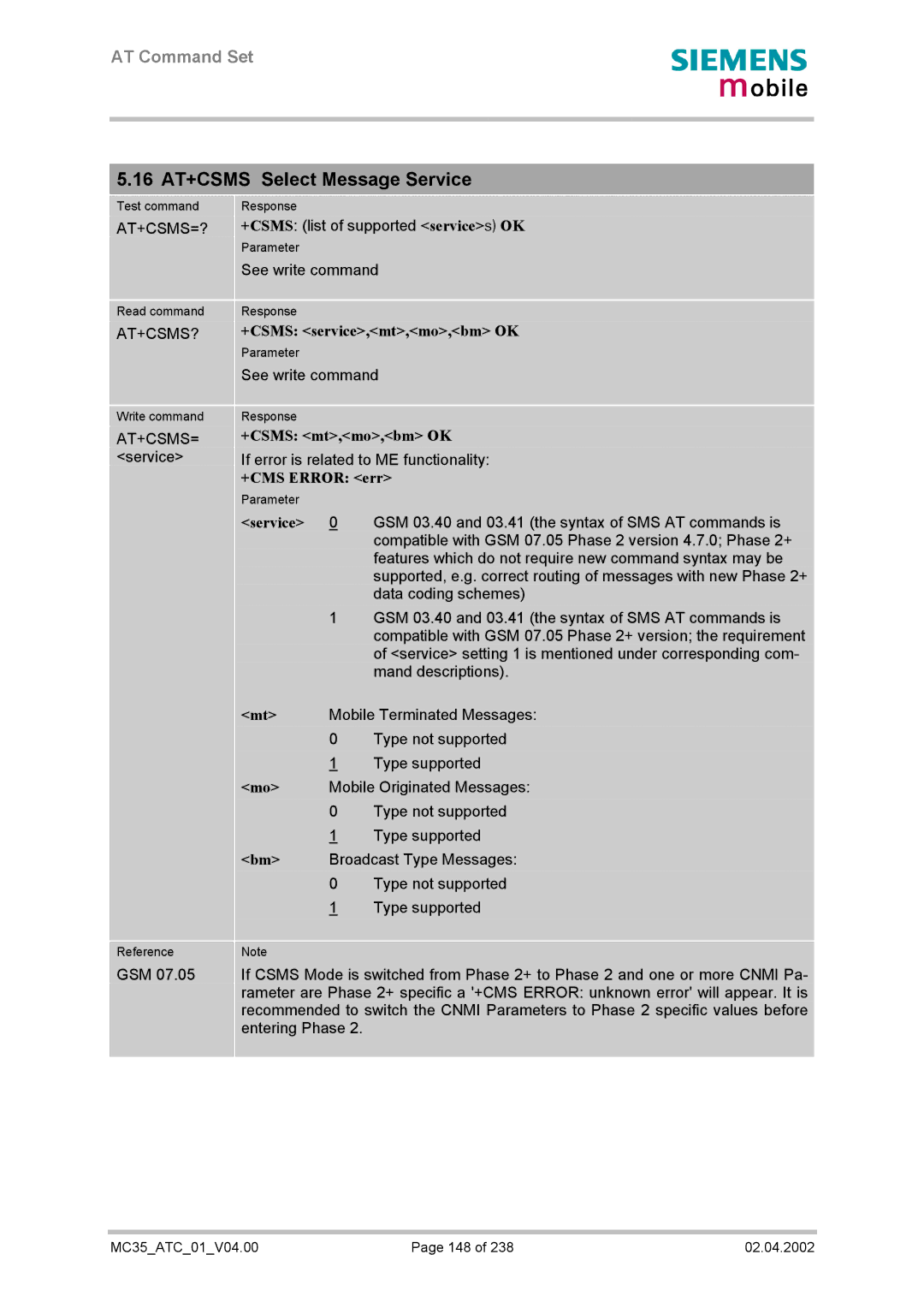 Siemens MC35 manual 16 AT+CSMS Select Message Service, +CSMS service,mt,mo,bm OK, +CSMS mt,mo,bm OK 