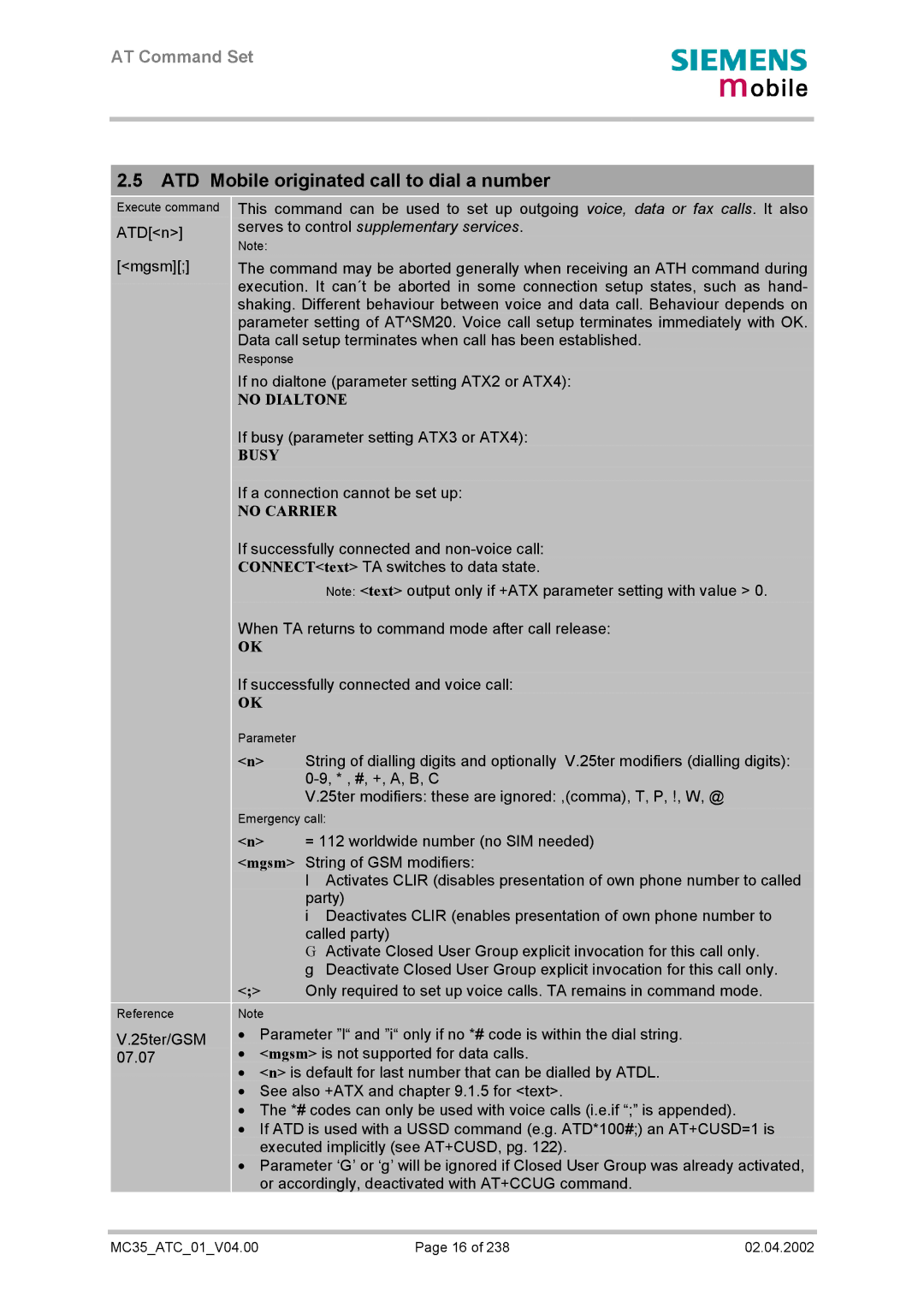 Siemens MC35 manual ATD Mobile originated call to dial a number 