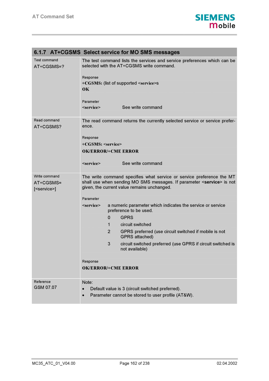 Siemens MC35 manual 7 AT+CGSMS Select service for MO SMS messages, +CGSMS service 