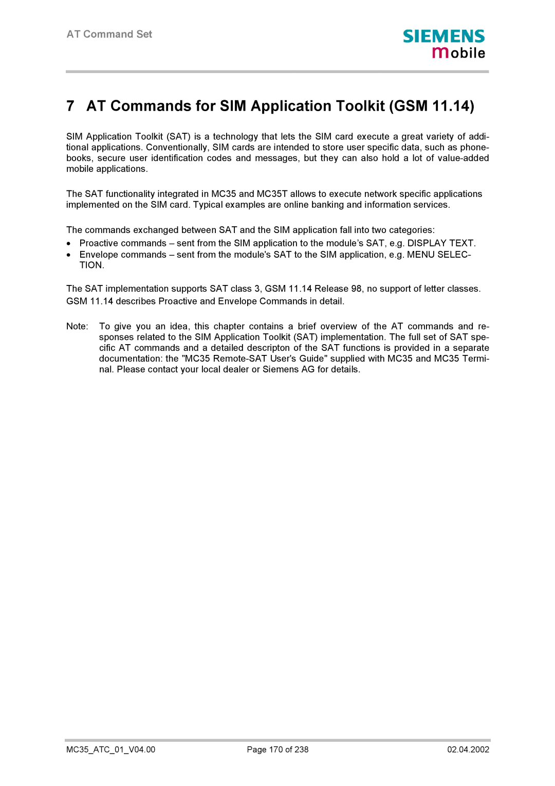 Siemens MC35 manual AT Commands for SIM Application Toolkit GSM 