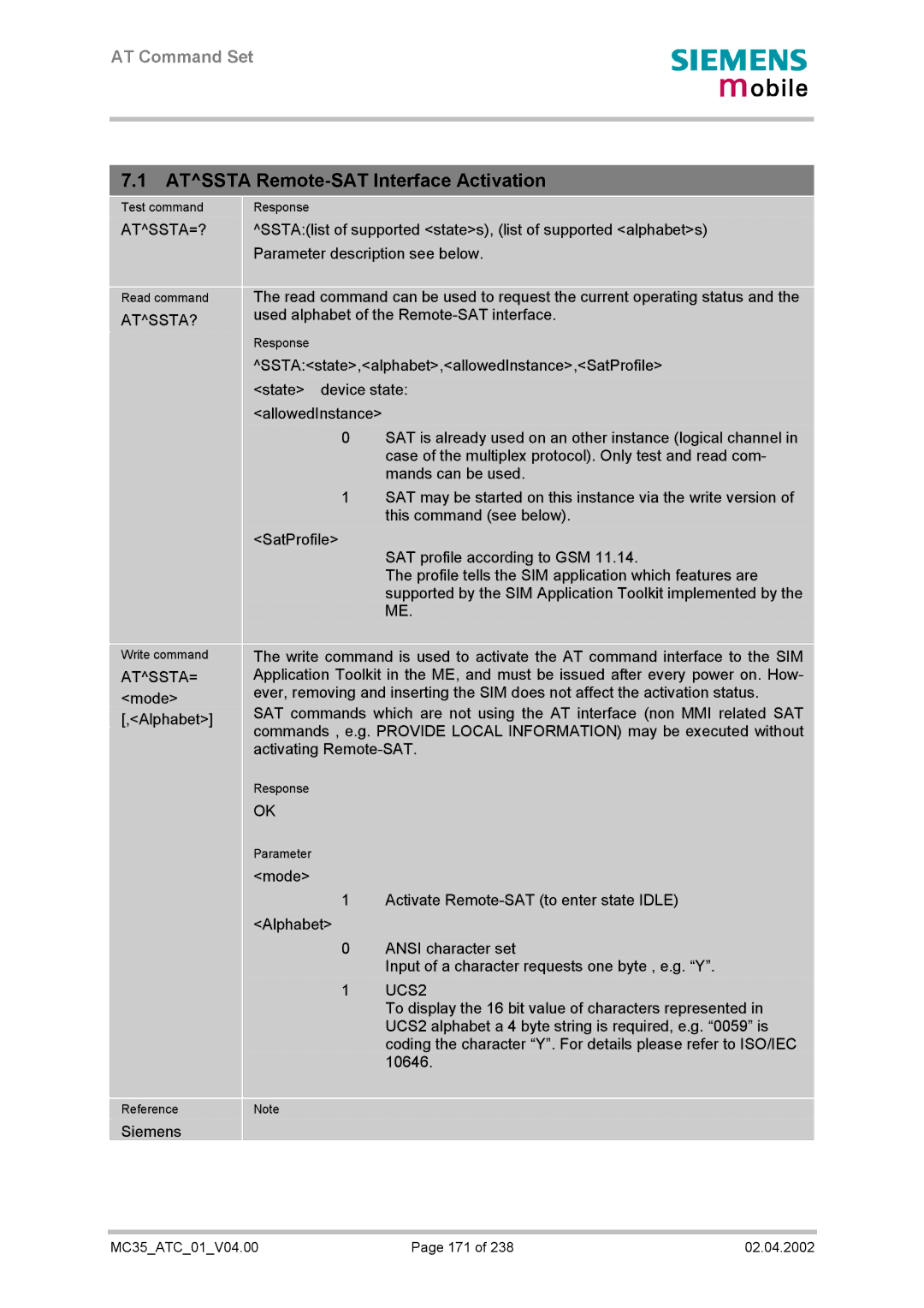 Siemens MC35 manual Atssta Remote-SAT Interface Activation, Atssta=?, Atssta? 