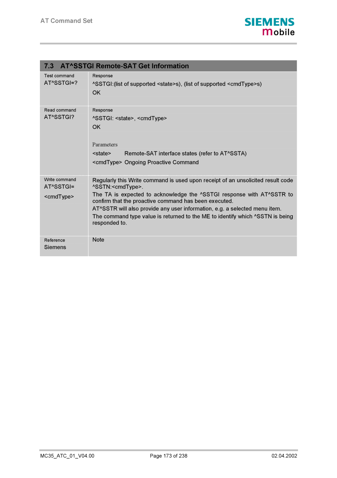 Siemens MC35 manual Atsstgi Remote-SAT Get Information, Atsstgi=?, Atsstgi? 