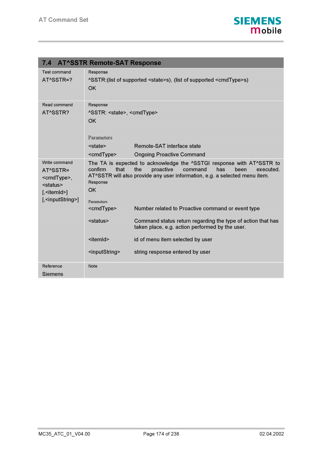 Siemens MC35 manual Atsstr Remote-SAT Response, Atsstr=?, Atsstr? 