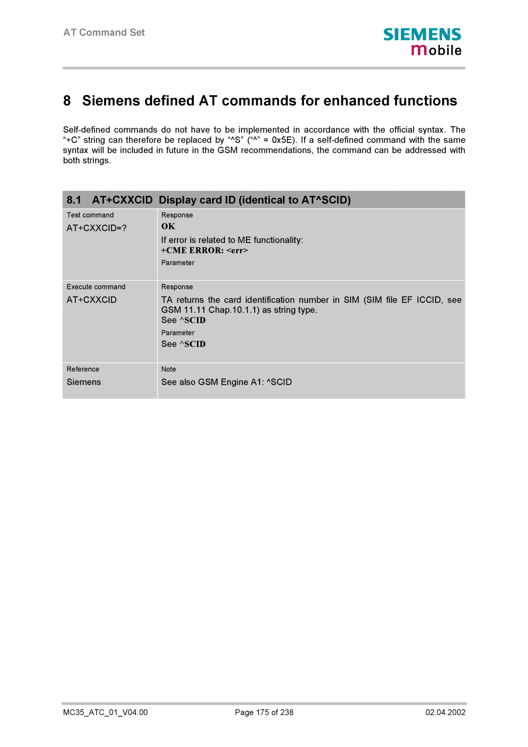 Siemens MC35 manual AT+CXXCID Display card ID identical to Atscid, At+Cxxcid=?, See Scid 