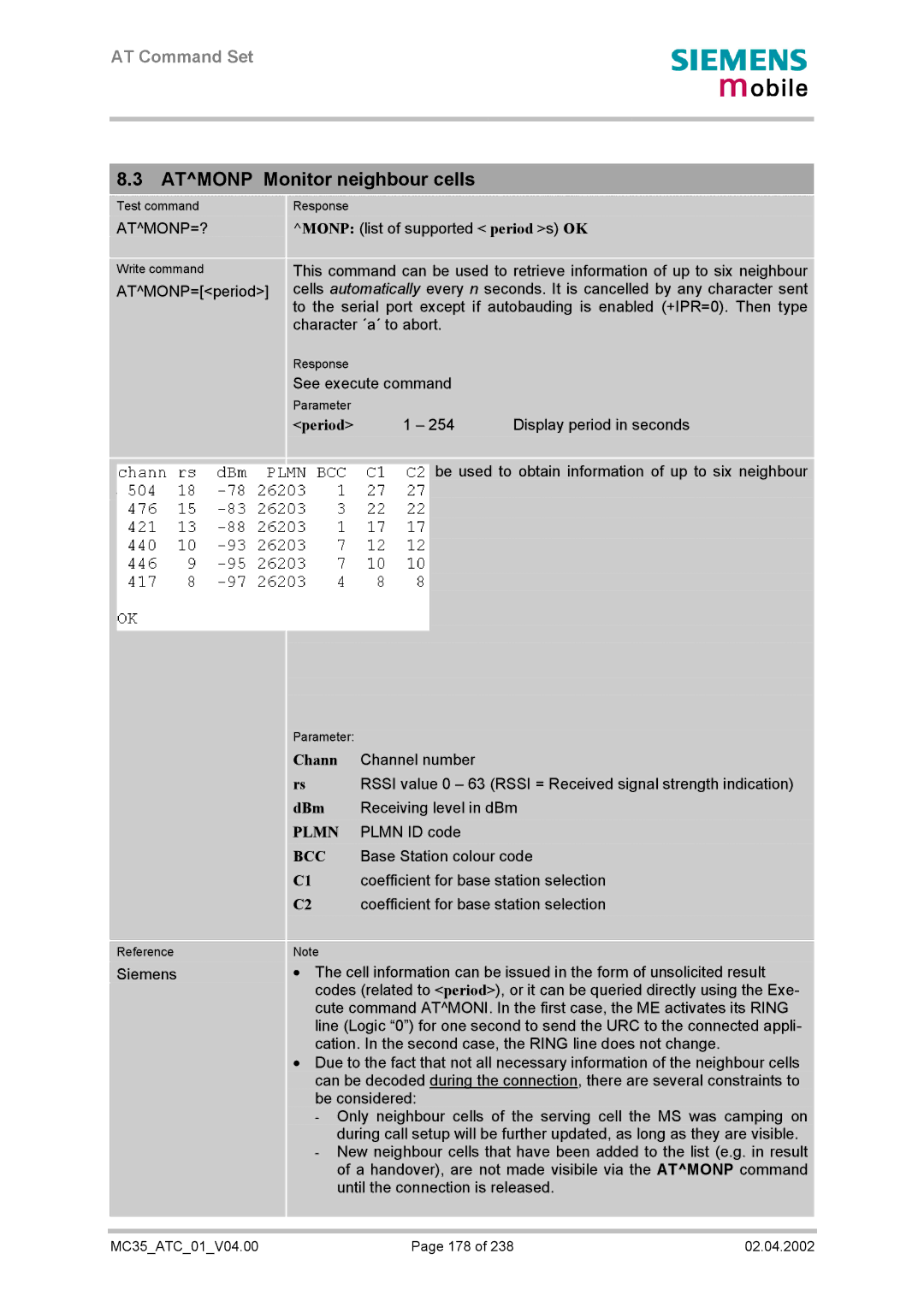 Siemens MC35 manual Atmonp Monitor neighbour cells, Atmonp=? 