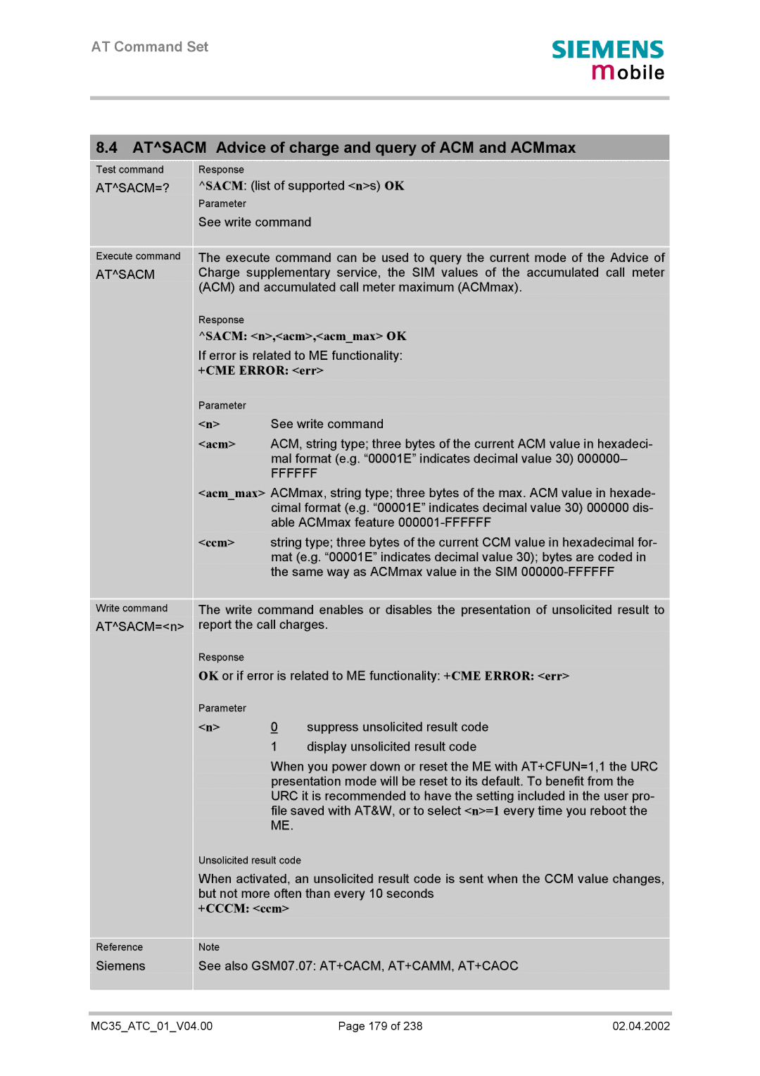 Siemens MC35 manual Atsacm Advice of charge and query of ACM and ACMmax, Sacm n,acm,acmmax OK, Acm, +CCCM ccm 