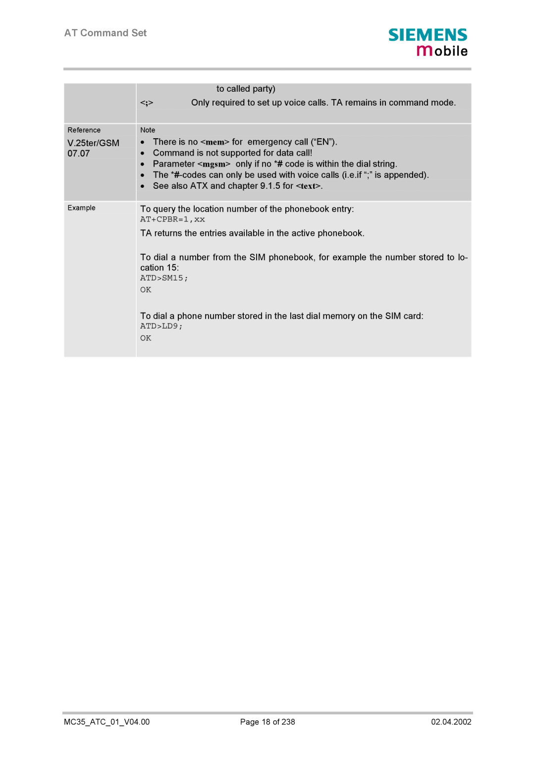 Siemens MC35 manual ATDSM15 