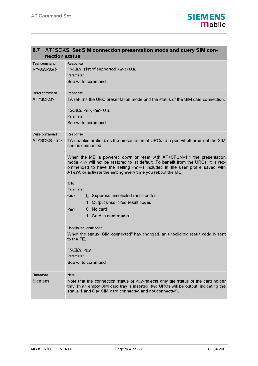 Siemens MC35 manual Atscks=?, Atscks?, Scks n, m OK, Scks m 