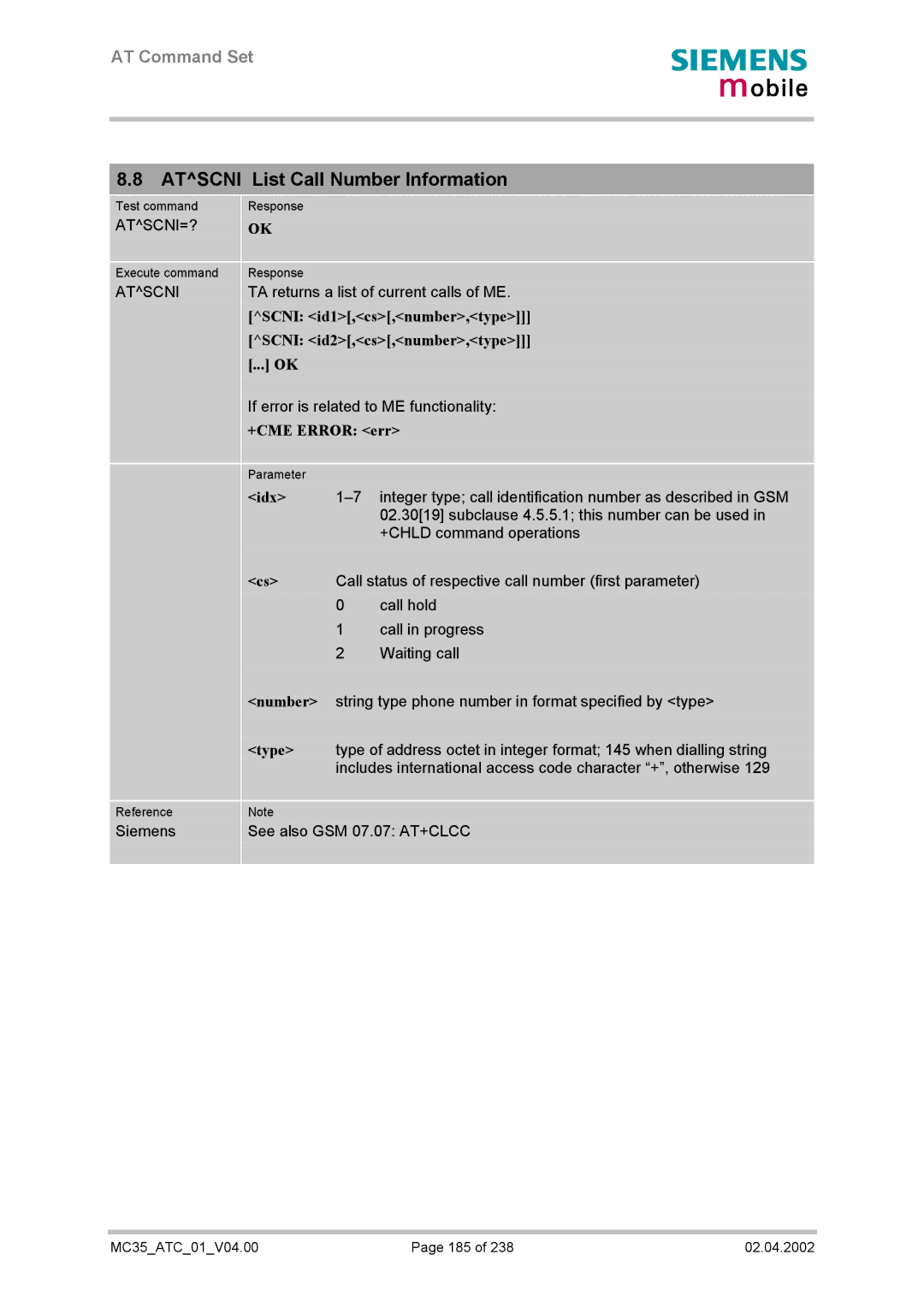 Siemens MC35 manual Atscni List Call Number Information, Atscni=?, Scni id1,cs,number,type, Scni id2,cs,number,type 