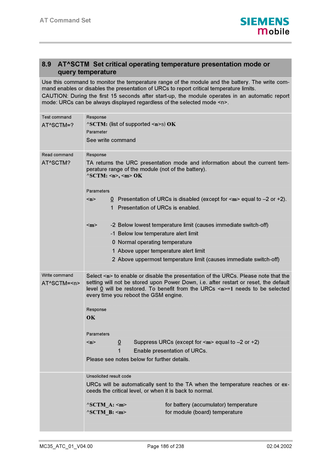 Siemens MC35 manual Sctm n, m OK, Sctma m, For battery accumulator temperature, Sctmb m, For module board temperature 