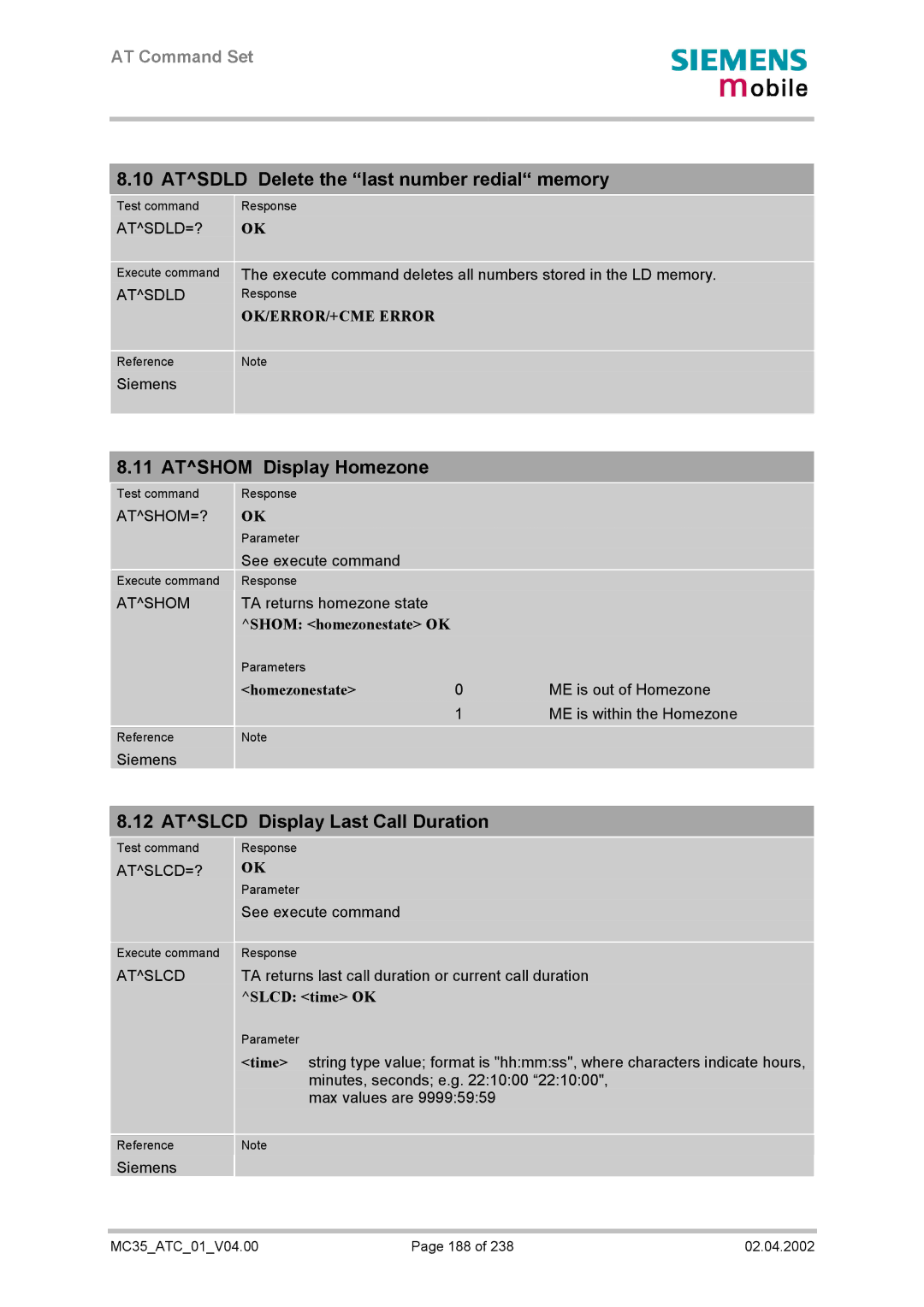 Siemens MC35 manual Atsdld Delete the last number redial memory, Atshom Display Homezone, Atslcd Display Last Call Duration 