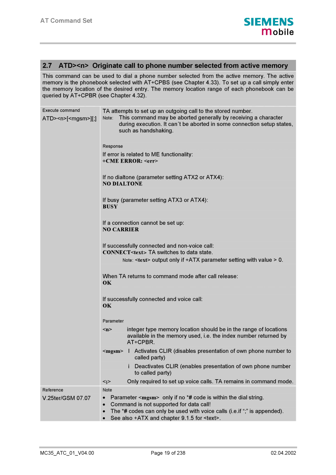 Siemens MC35 manual TA attempts to set up an outgoing call to the stored number 