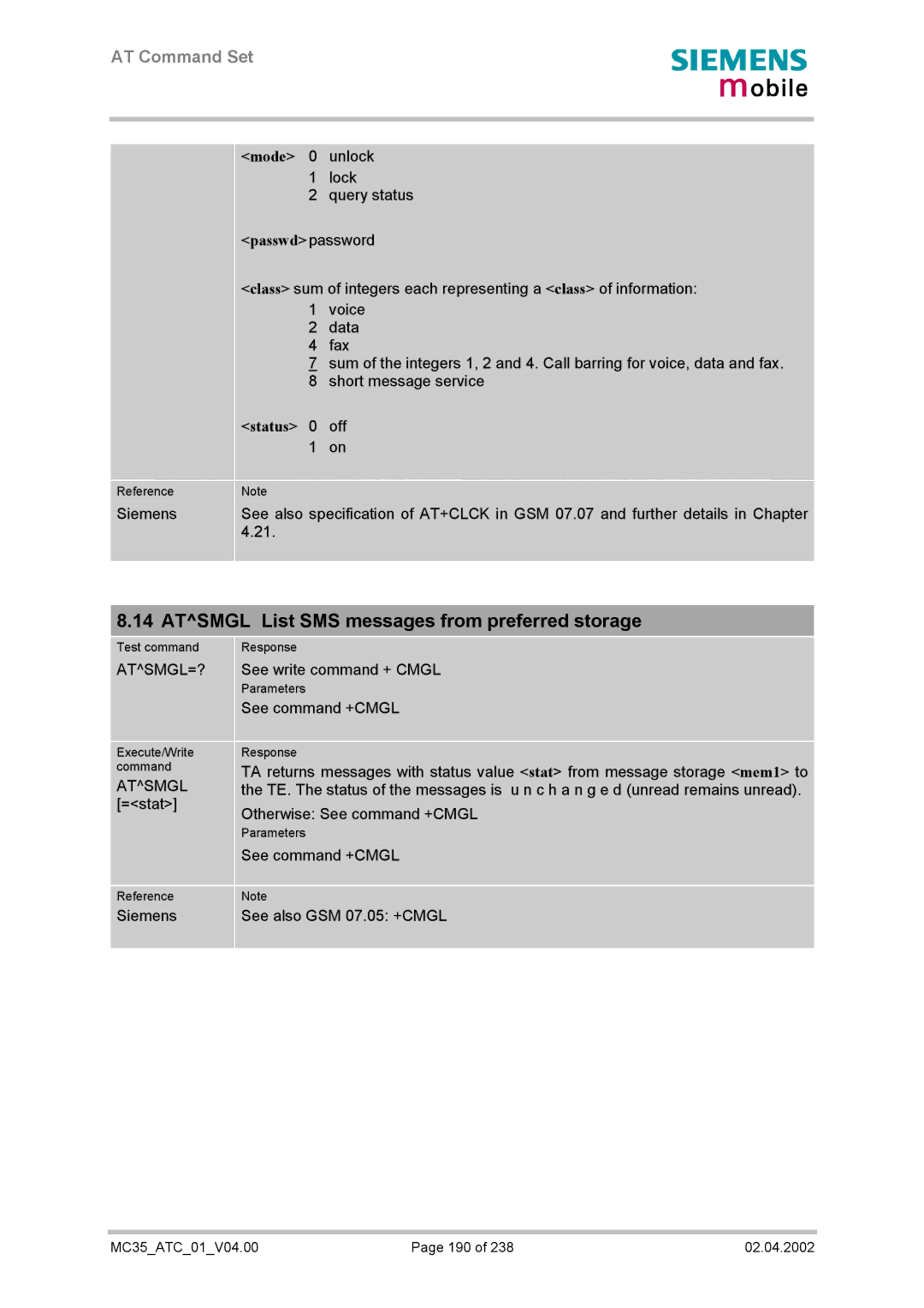 Siemens MC35 manual Atsmgl List SMS messages from preferred storage 