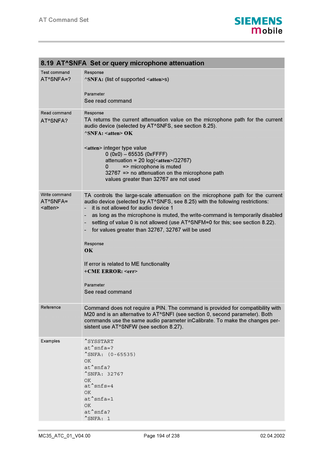 Siemens MC35 manual Atsnfa Set or query microphone attenuation, Atsnfa=?, Atsnfa?, Snfa atten OK 