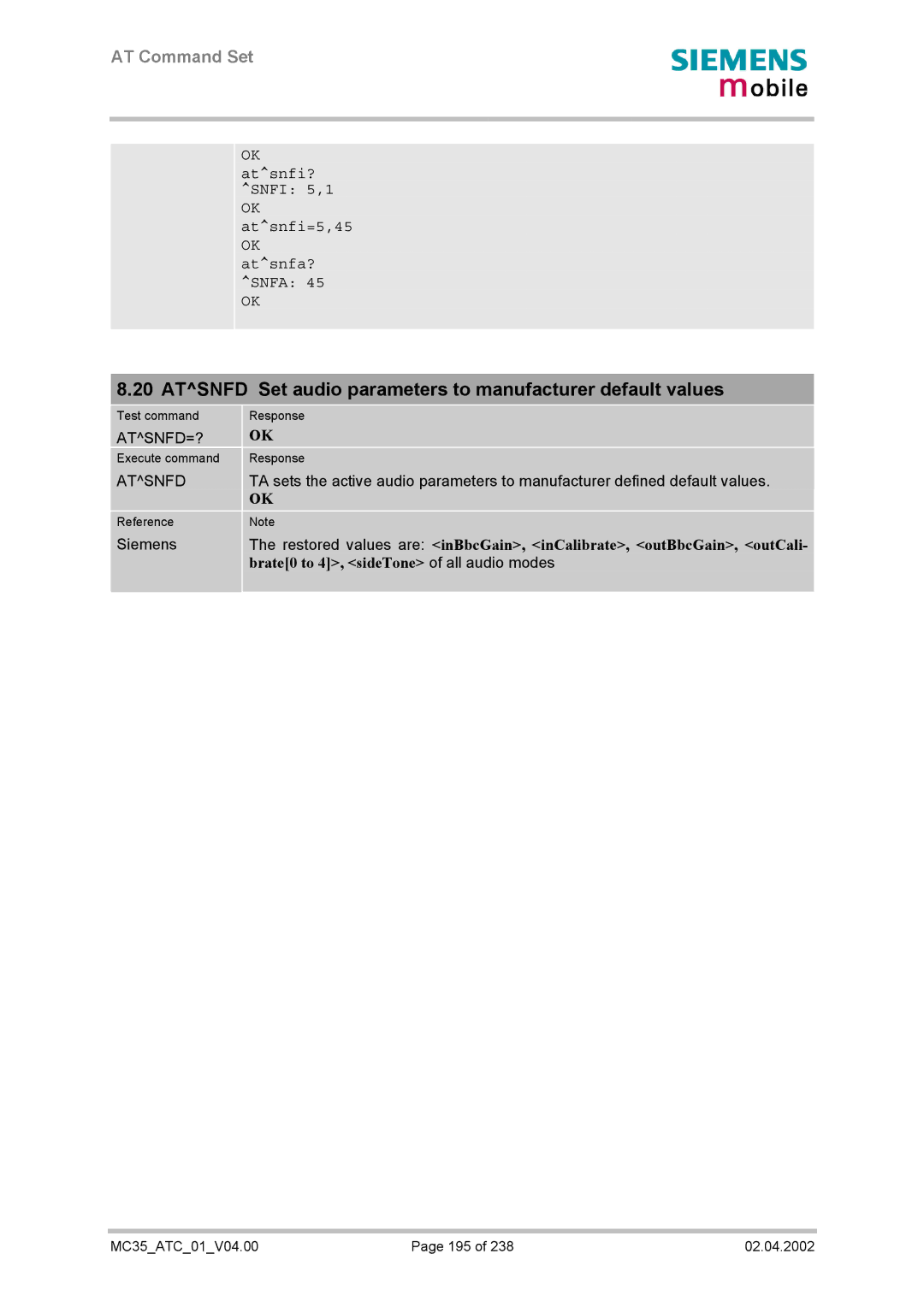 Siemens MC35 manual Atsnfd Set audio parameters to manufacturer default values, Atsnfd=? 