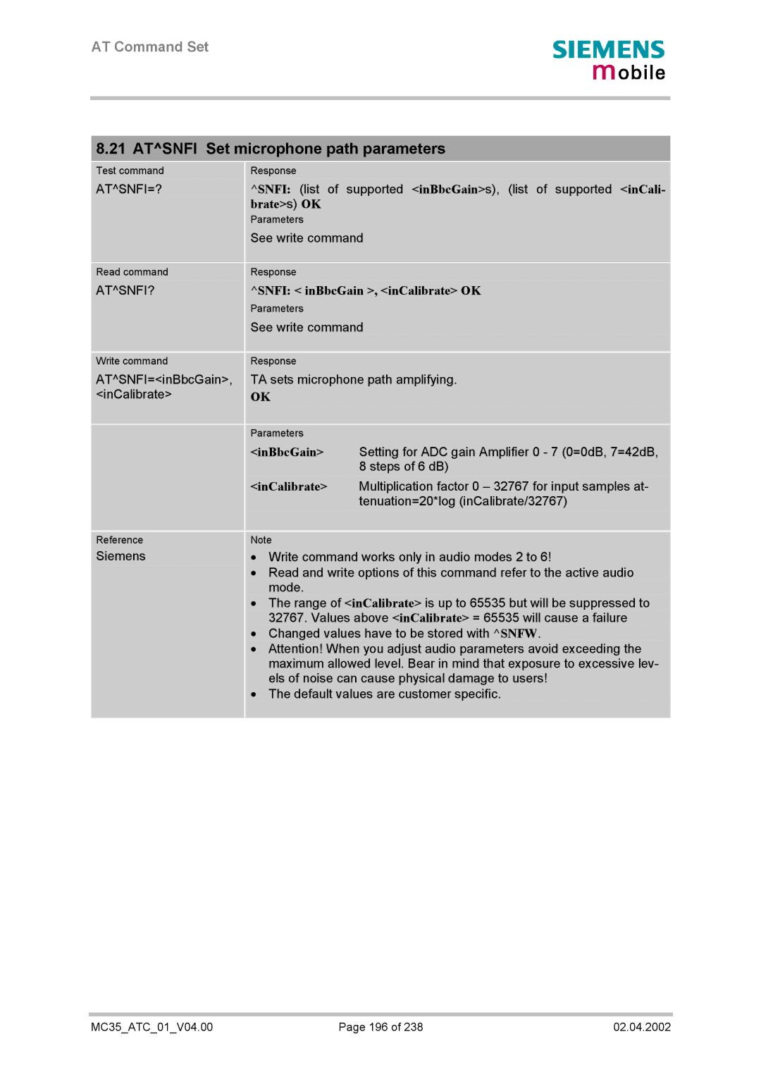 Siemens MC35 manual Atsnfi Set microphone path parameters, Atsnfi=?, Brates OK, Atsnfi?, Snfi inBbcGain , inCalibrate OK 