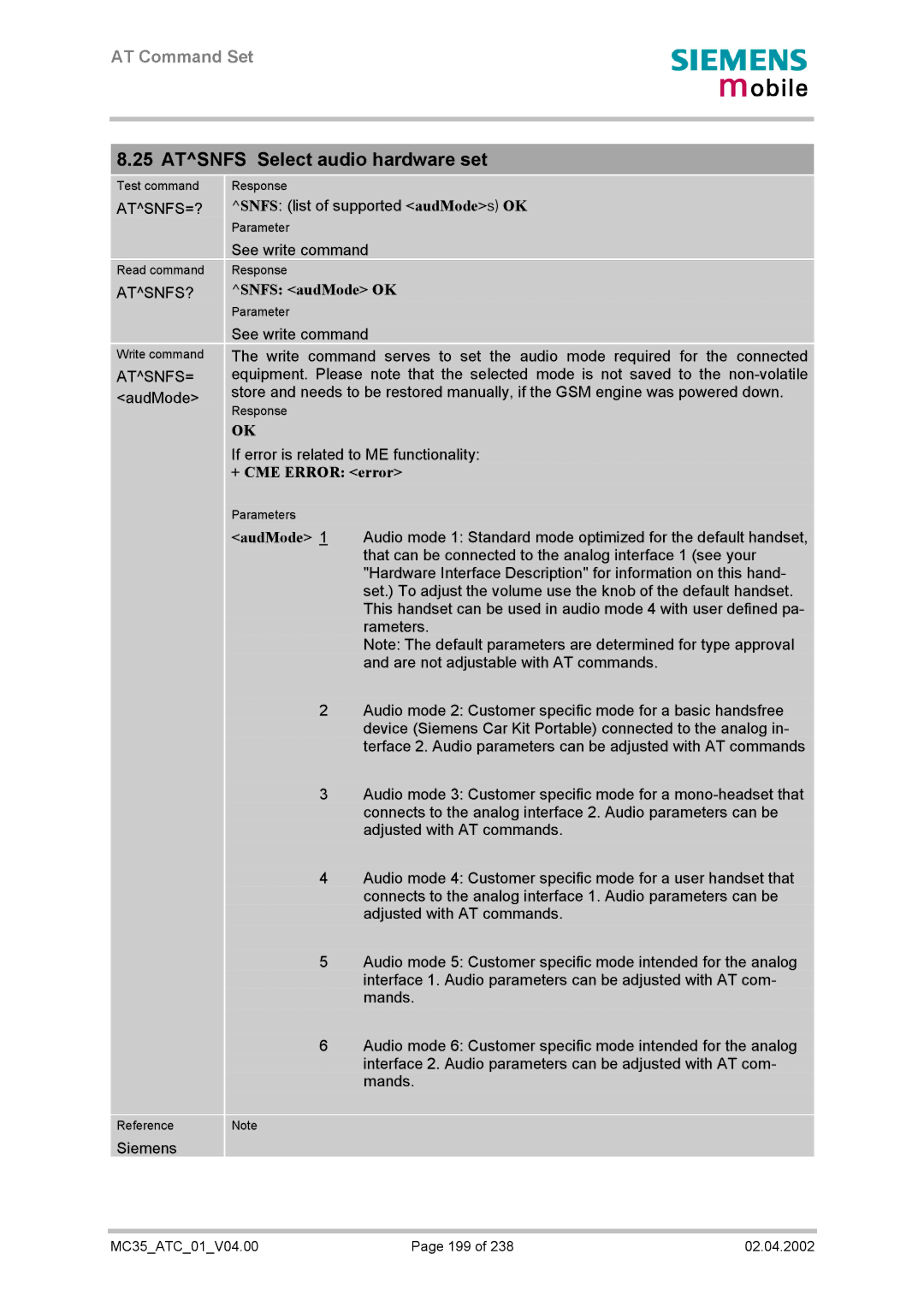Siemens MC35 manual Atsnfs Select audio hardware set, Snfs audMode OK, + CME Error error 