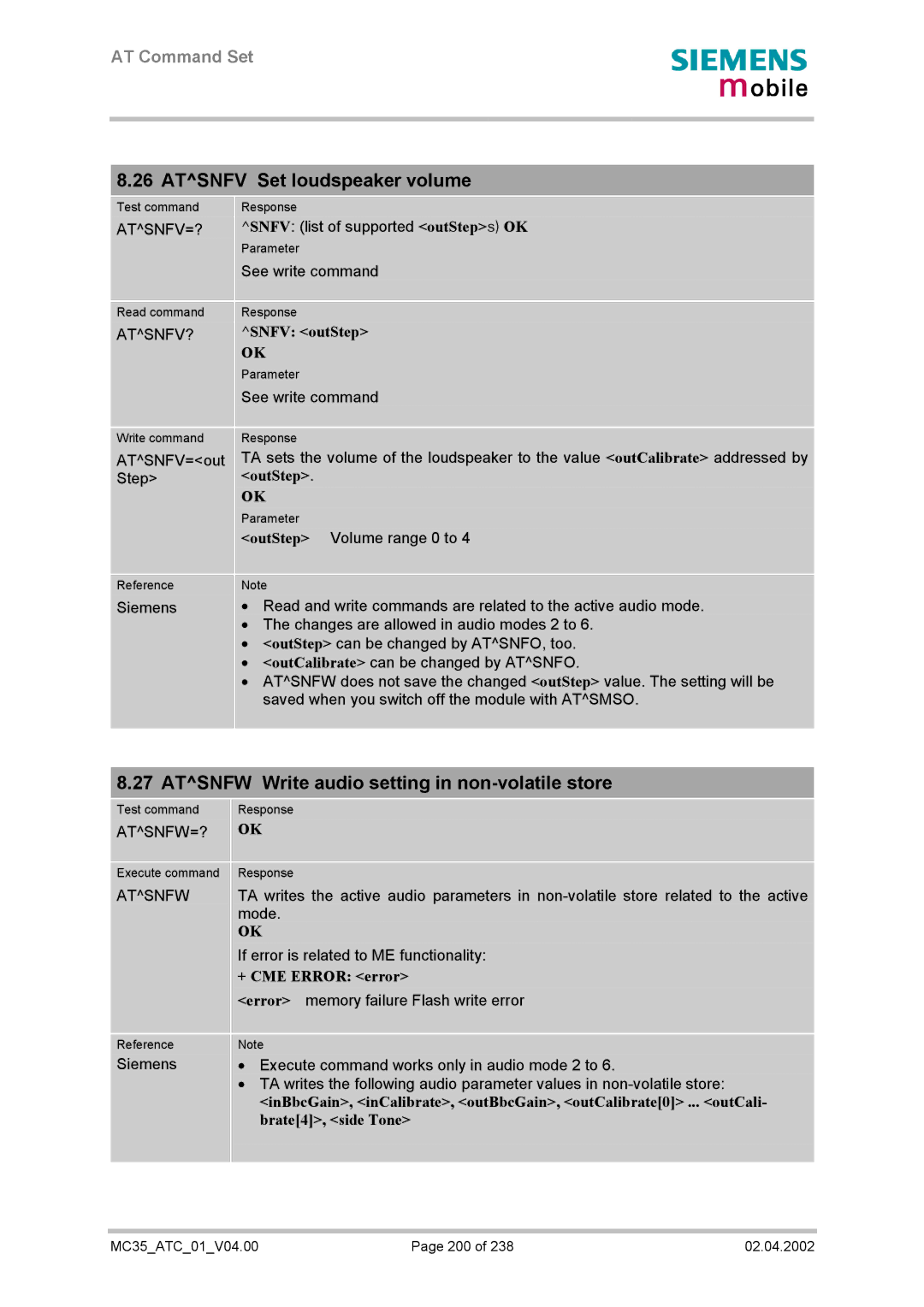 Siemens MC35 manual Atsnfv Set loudspeaker volume, Atsnfw Write audio setting in non-volatile store, Snfv outStep 