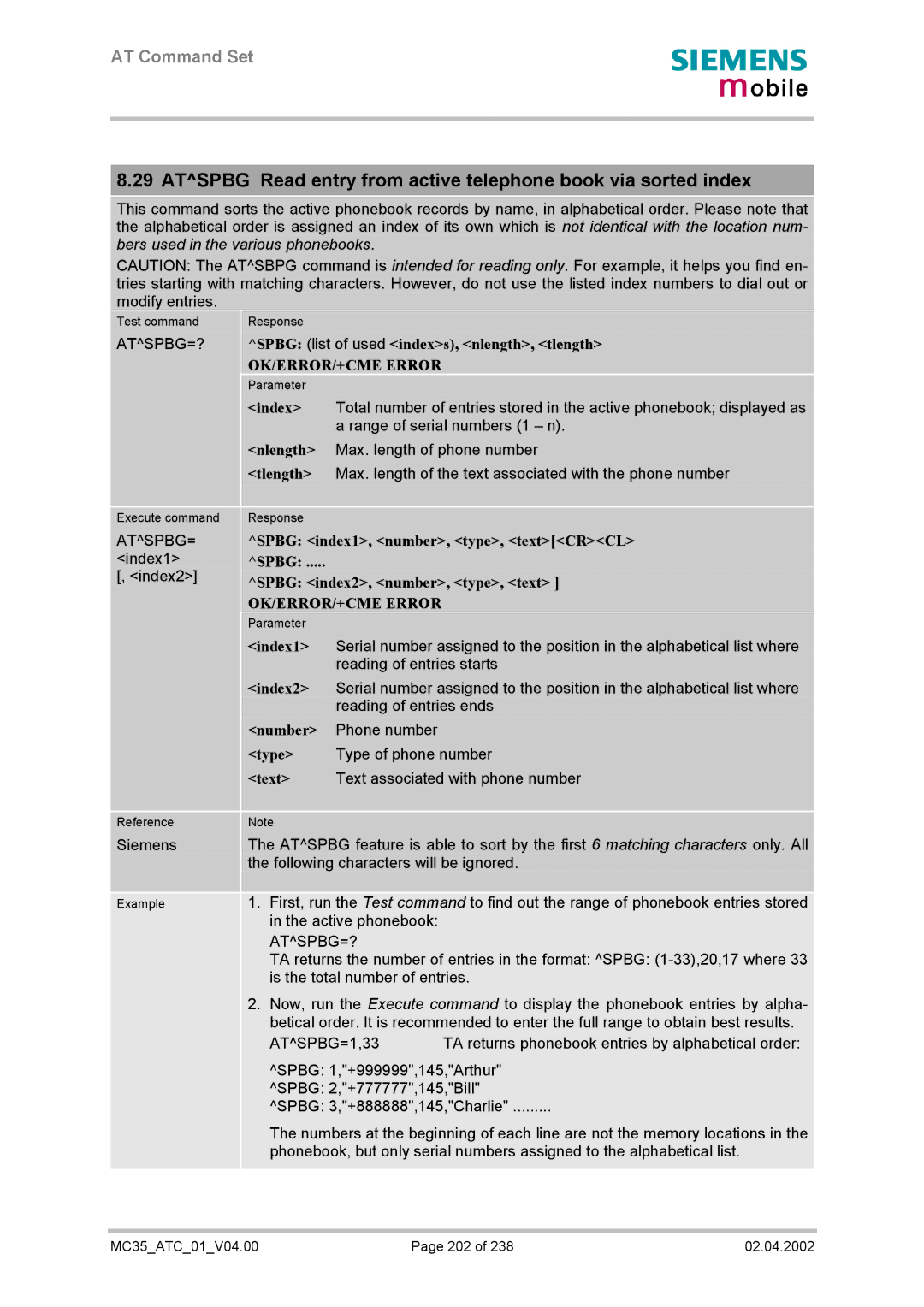 Siemens MC35 manual Atspbg=?, Spbg list of used indexs, nlength, tlength 