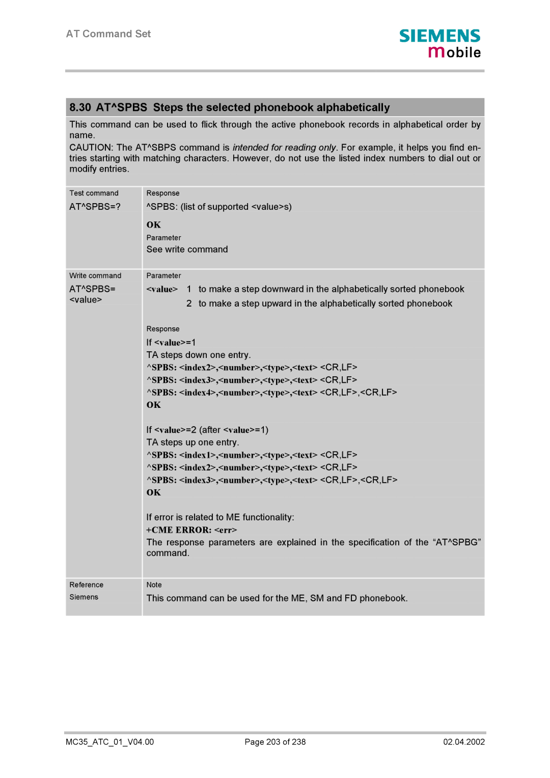 Siemens MC35 manual Atspbs Steps the selected phonebook alphabetically 