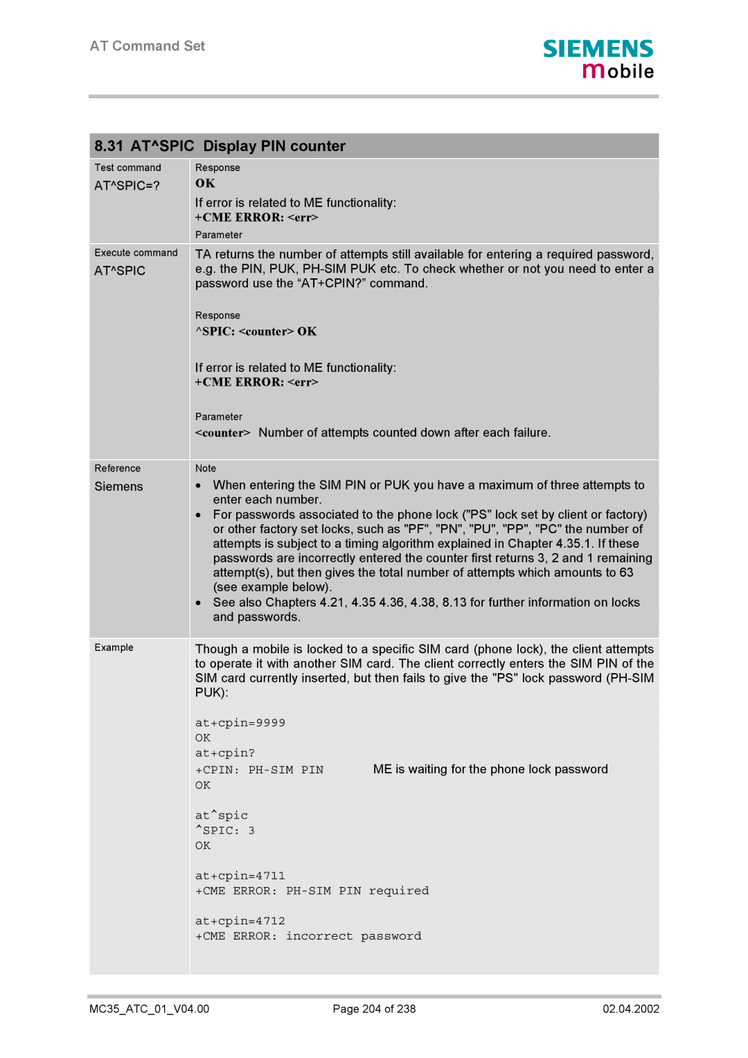 Siemens MC35 manual Atspic Display PIN counter, Atspic=?, Spic counter OK, Puk 