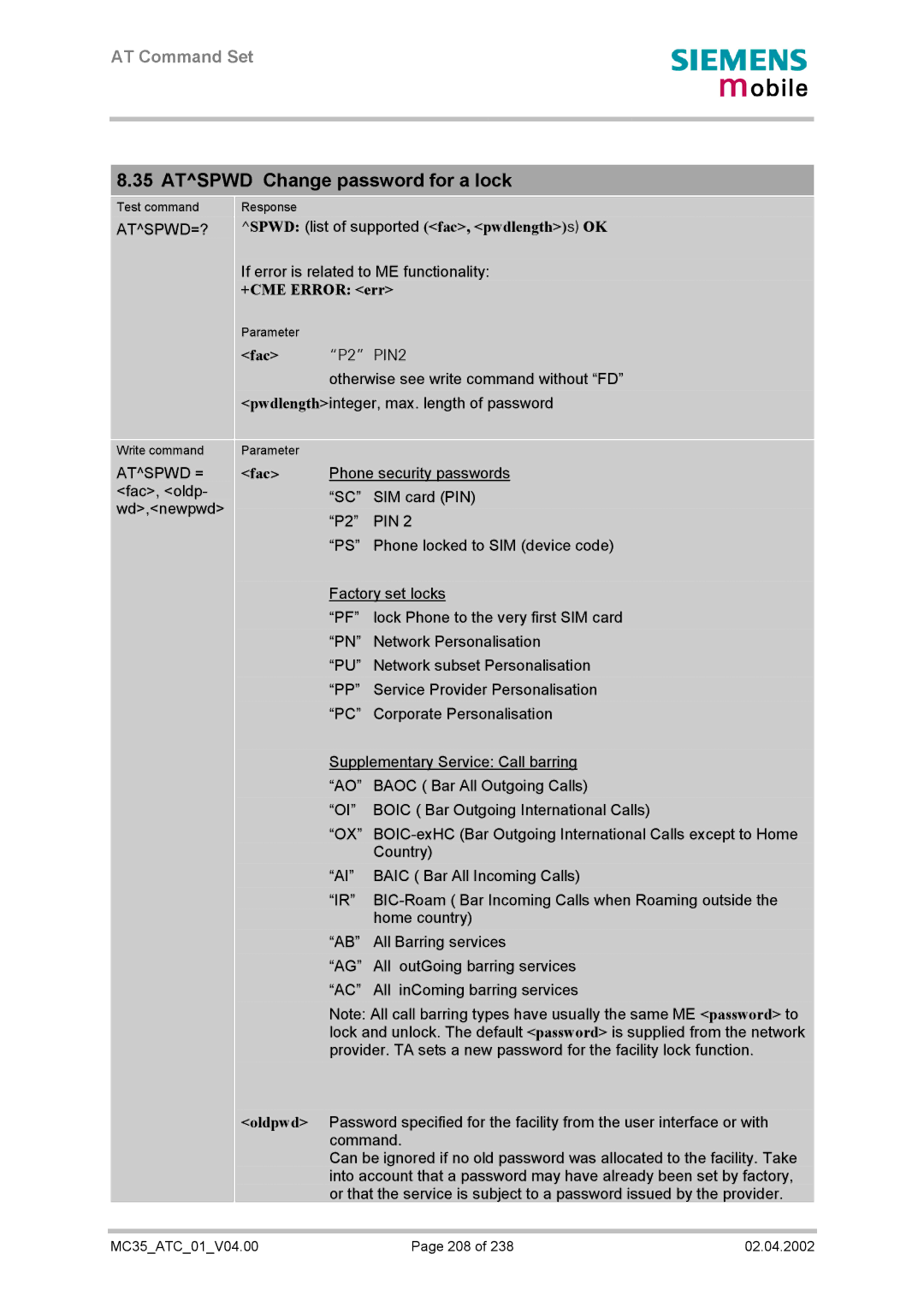 Siemens MC35 manual Atspwd Change password for a lock, Atspwd=?, Spwd list of supported fac, pwdlengths OK, Atspwd =, Pin 