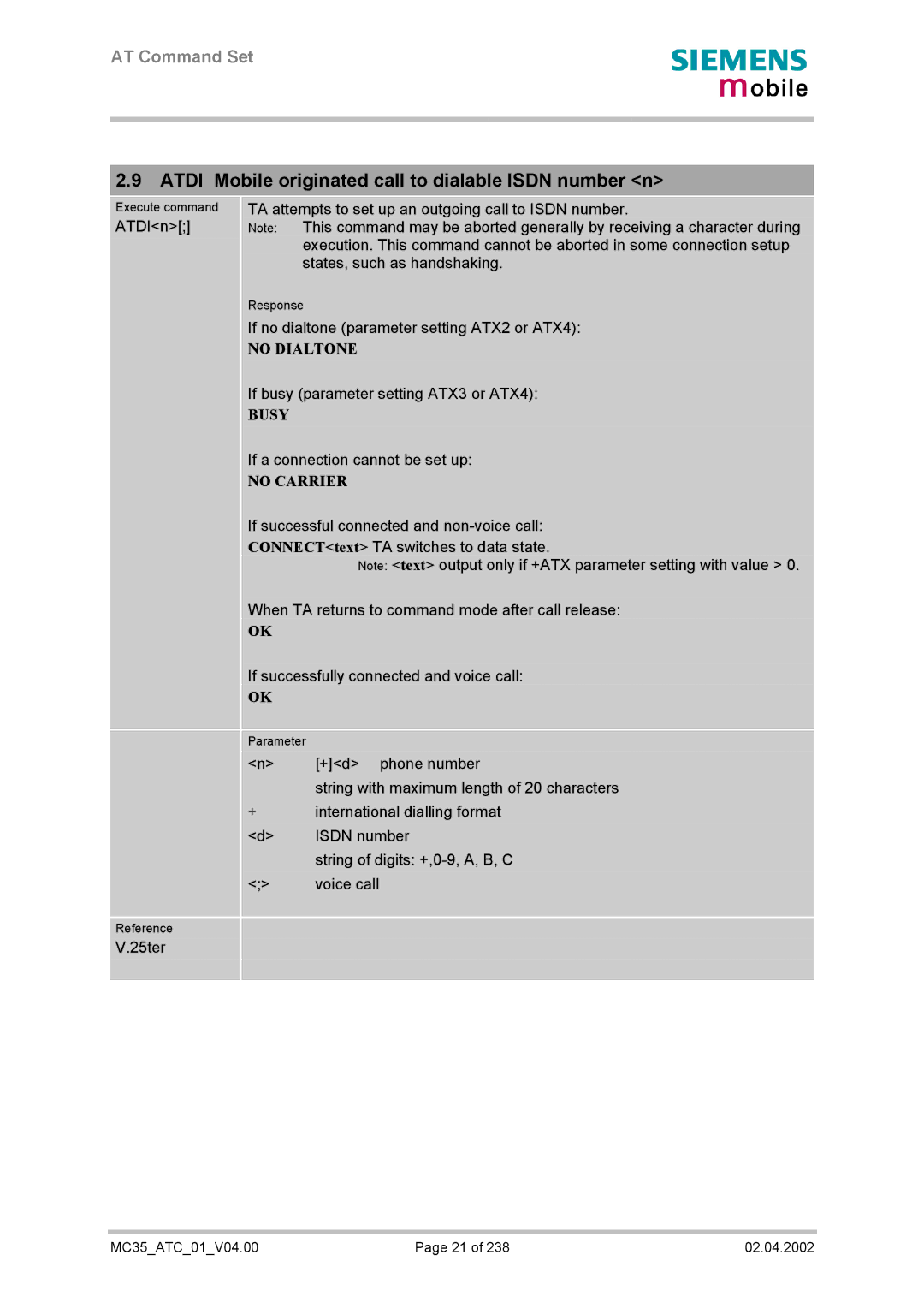 Siemens MC35 manual Atdi Mobile originated call to dialable Isdn number n 