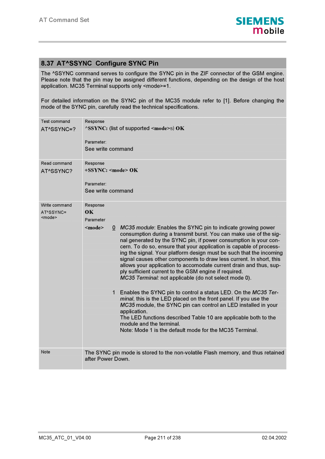 Siemens MC35 manual Atssync Configure Sync Pin, Atssync=?, Atssync?, +SSYNC mode OK 