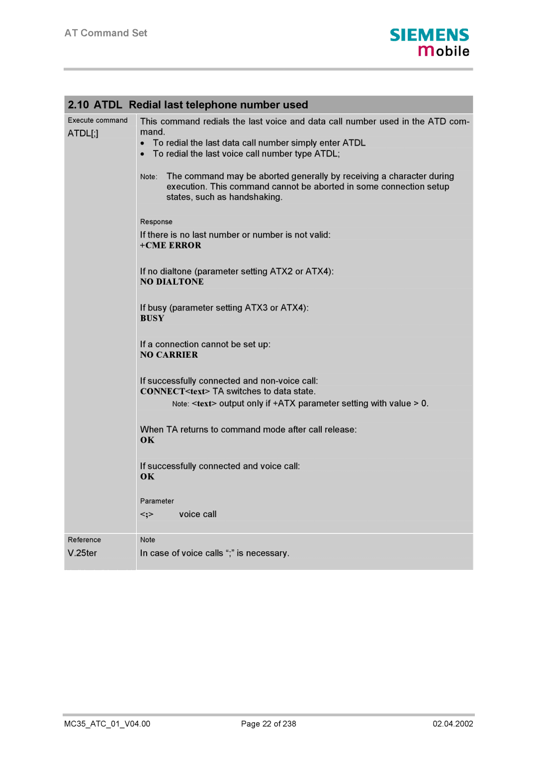 Siemens MC35 manual Atdl Redial last telephone number used, Voice call 