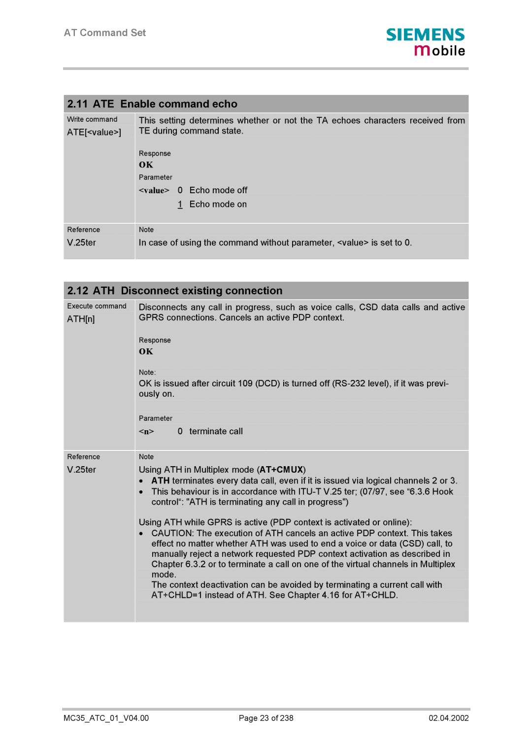 Siemens MC35 manual ATE Enable command echo, ATH Disconnect existing connection 