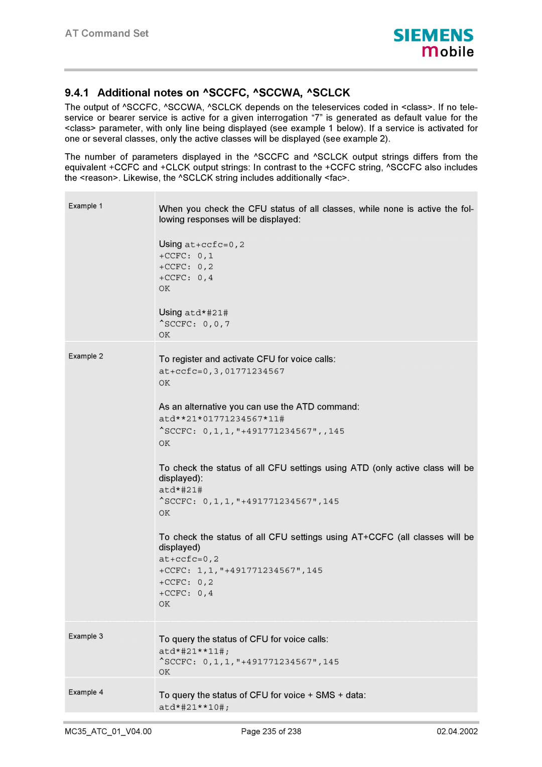 Siemens MC35 manual Additional notes on SCCFC, SCCWA, Sclck 