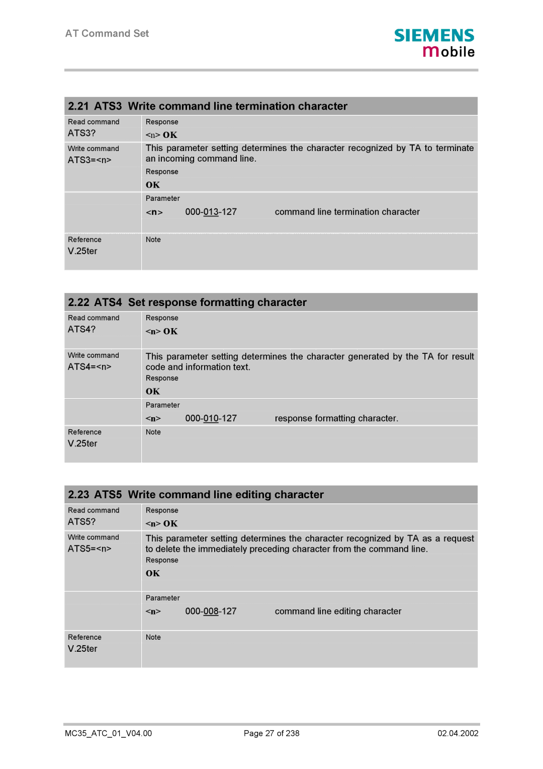 Siemens MC35 manual 21 ATS3 Write command line termination character, 22 ATS4 Set response formatting character 