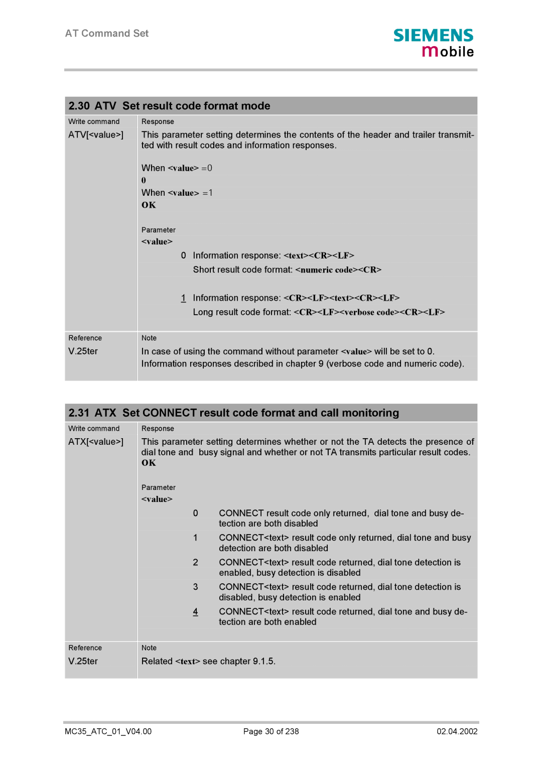 Siemens MC35 ATV Set result code format mode, ATX Set Connect result code format and call monitoring, When value =0, Value 